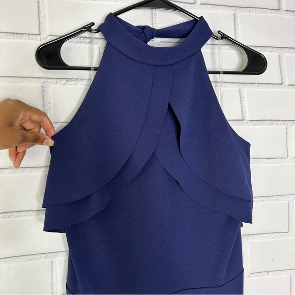 Bebe Ruffle Halter Neck Jumpsuit size 14 in Navy Blue - Picture 3 of 9